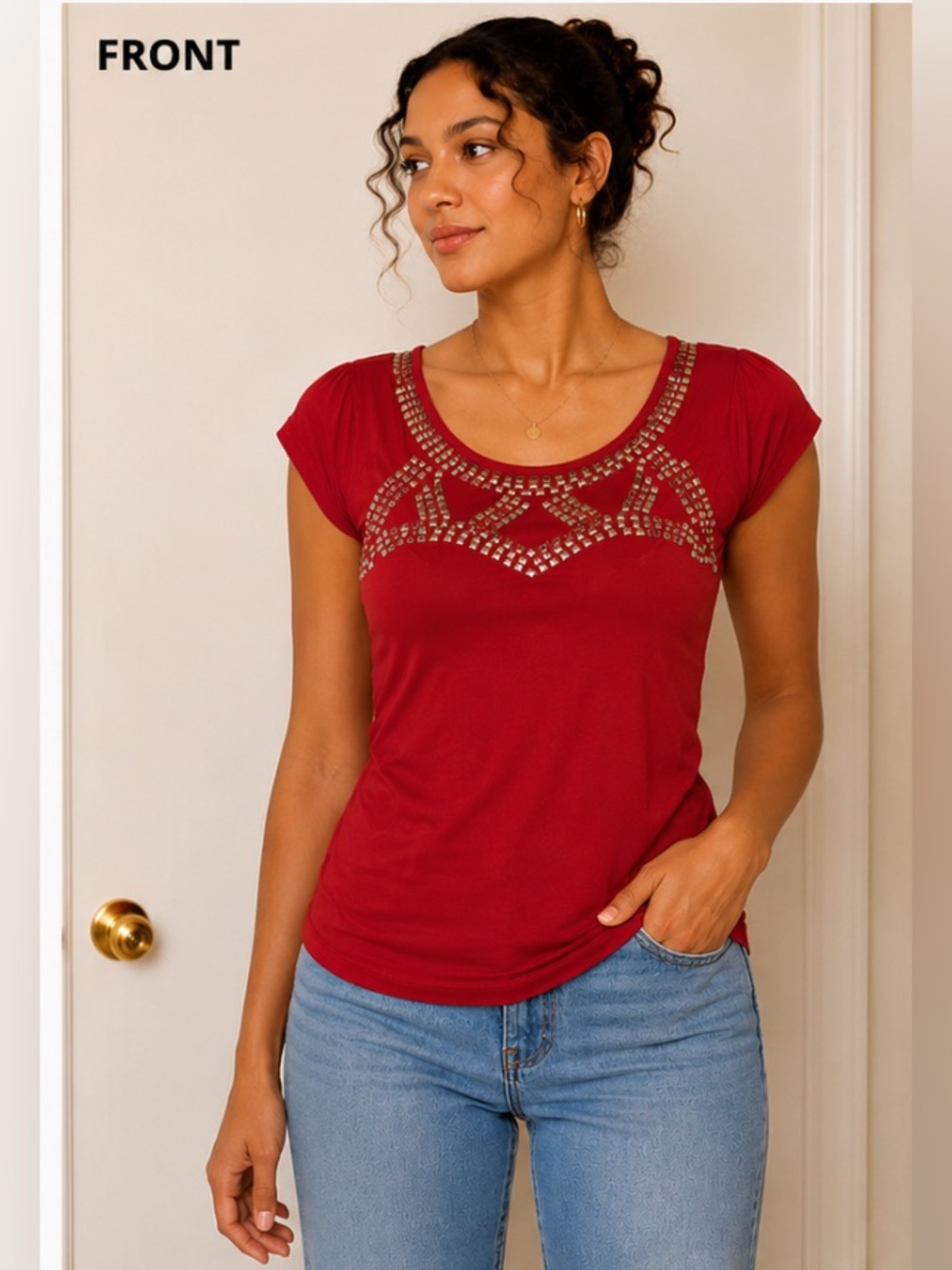 Absolute Angel Red Embellished Cap Sleeve Top Medium